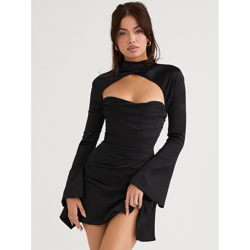 House of CB Black satin lined Long bell Sleeve TOIRA Draped Corset Dress size XS